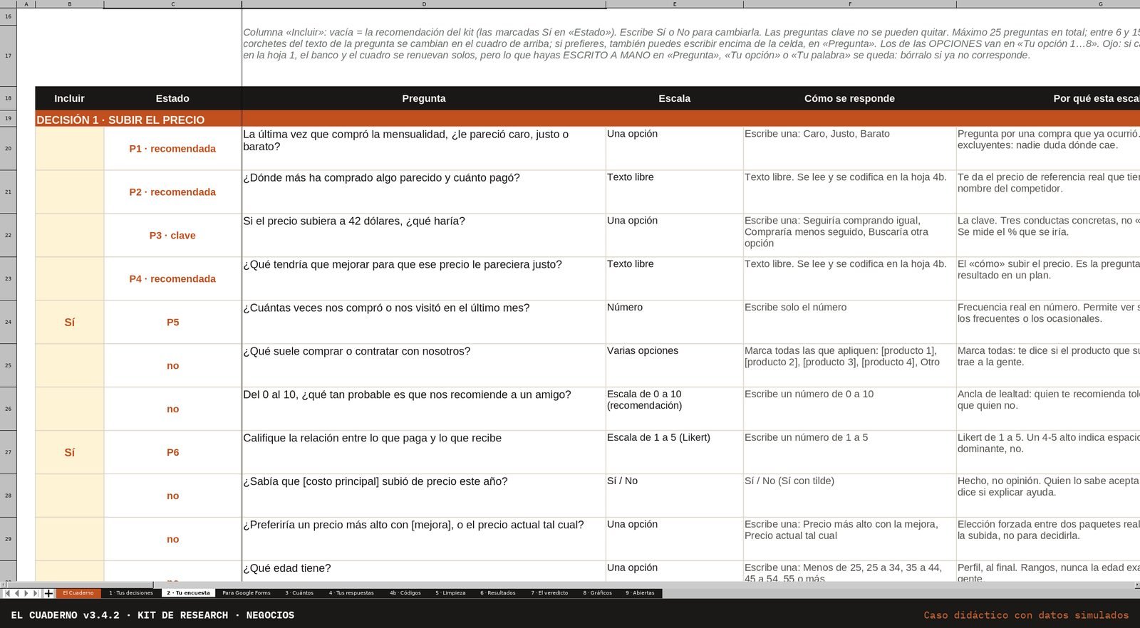 Hoja «Tu encuesta» con la lista de preguntas, su escala y cómo se responde.