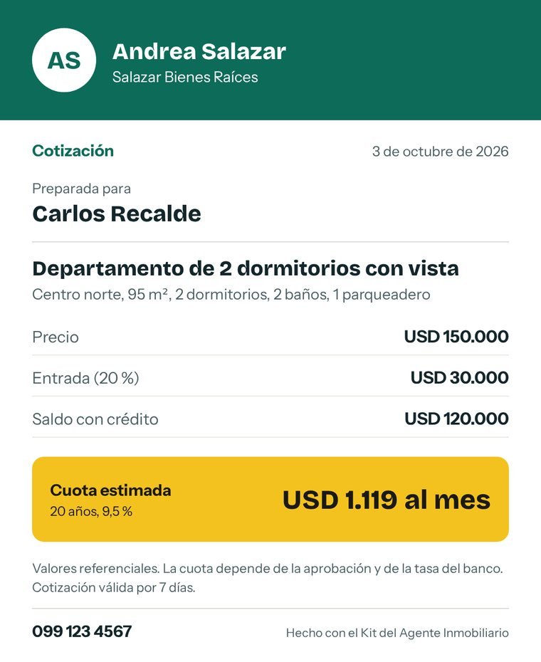 Cotización con el nombre y el color del agente, precio, entrada y cuota estimada